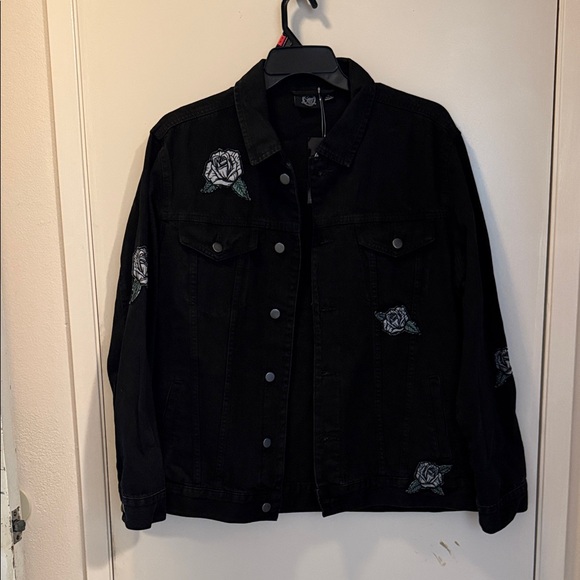Black Jean Jacket with Embroidered Roses - Picture 1 of 6